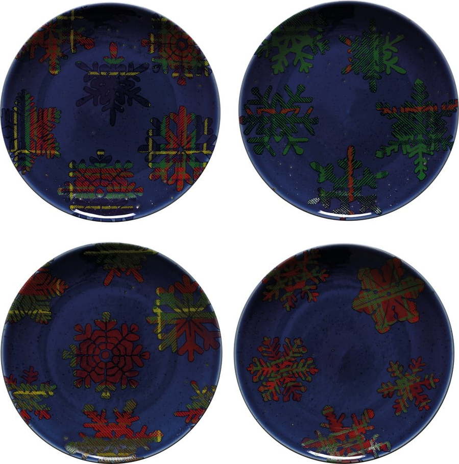 Sada 4 modro-červených dezertních talířů z kameniny Casafina Snowflake