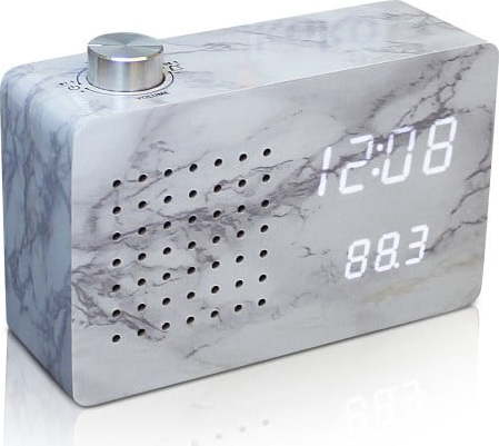 Šedý budík s bílým LED displejem a rádiem Gingko Radio Click Clock Marble Gingko