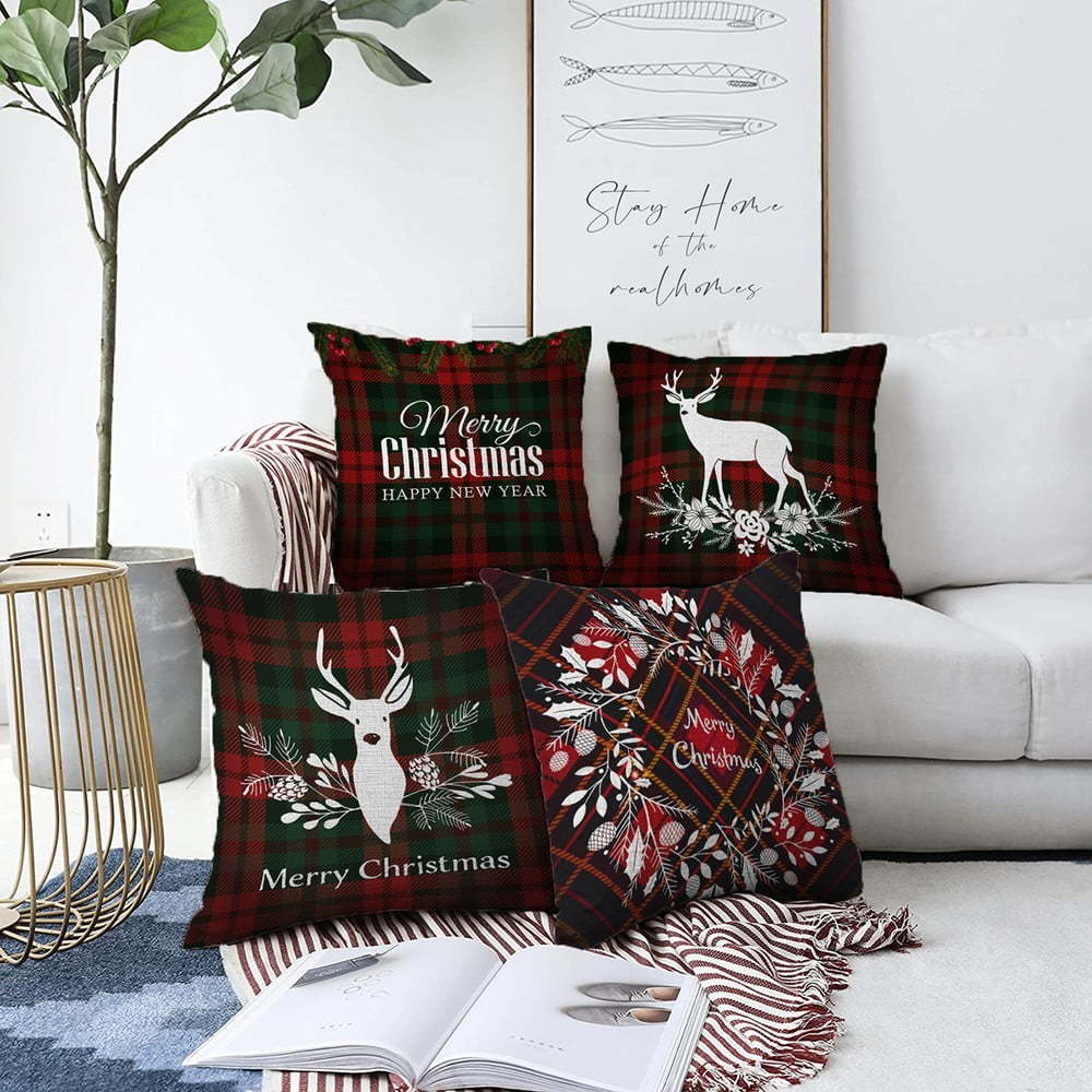 Sada 4 vánočních žinylkových povlaků na polštář Minimalist Cushion Covers Tartan Merry Christmas